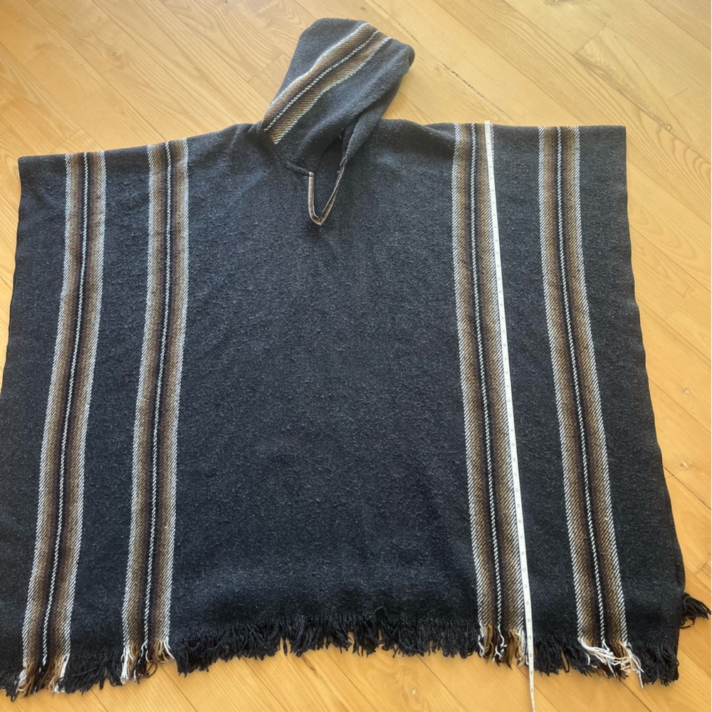 Gamboa Alpaca Wool Hooded Poncho Charcoal Striped Serape Cape, One Size - Picture 3 of 8